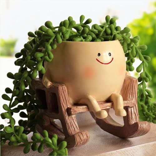Image of Cute Resin Chair Planter Pot Planters for Home Decor - Smiling Face Handpainted Pot Home Garden & Living Room Table Balcony Decoration Item (Pack of 1, Brown, Plants not Included)