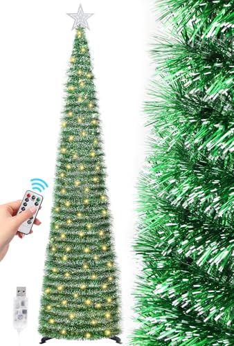 SINTENILL 6 FT Pop Up Christmas Tree with 100 LED Timer Lights & Remote, Green Collapsible Christmas Tinsel Tree Artificial Pencil Tree Xmas Decoration for Holiday Home Office Party, USB Powered