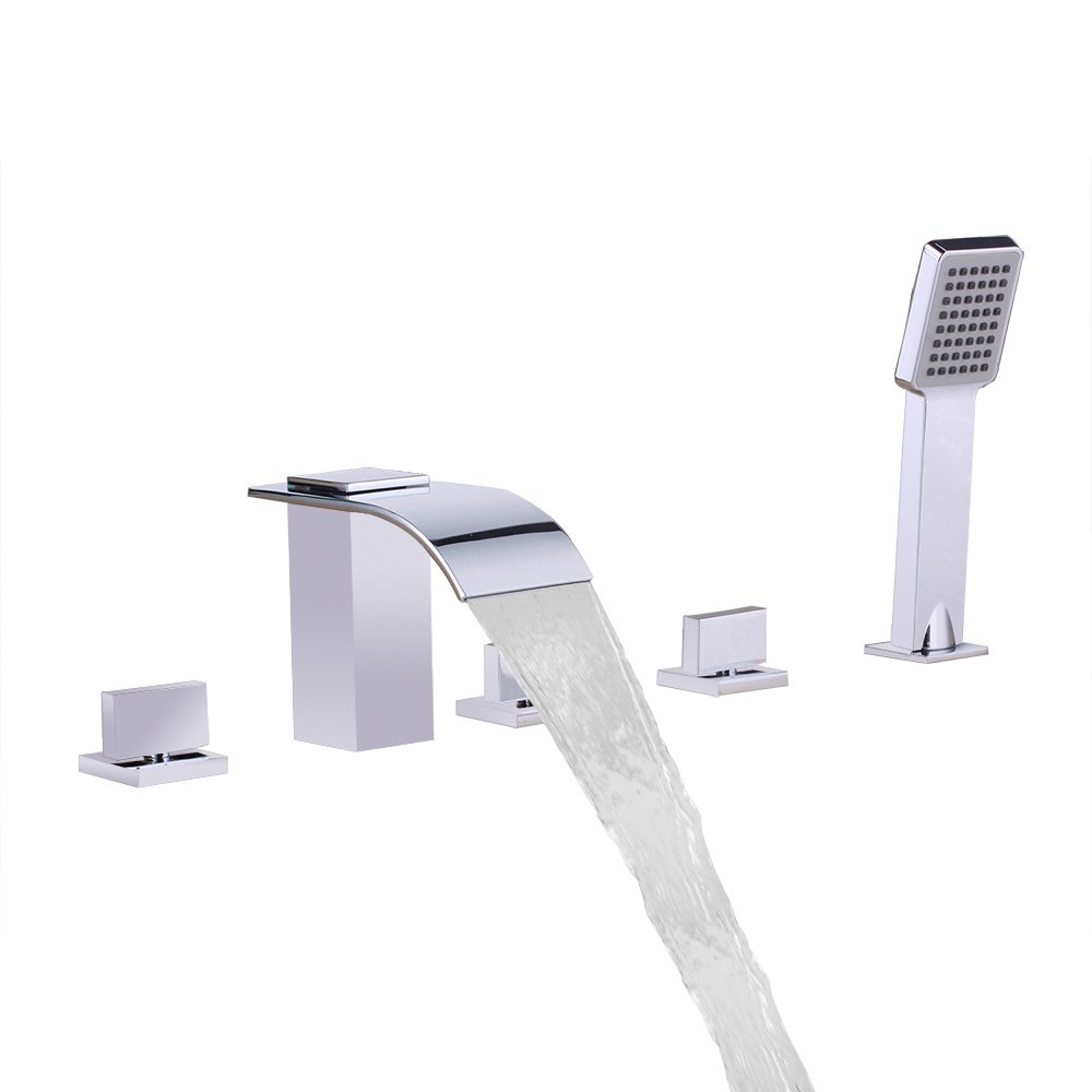 Lovedima Waterfall 5-Hole Roman Tub Filler Faucet 3 Handles Deck Mounted Widespread Bathroom Bathtub Faucet with Handheld Shower (Chrome)