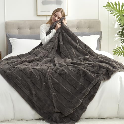 Amélie Home Luxury Striped Faux Fur Throw Blanket for Couch, Embossed Split Fur Cozy Fuzzy Fluffy Luxurious Soft Plush Sofa Chair Bed Gift Blankets for Women Men Wife Friend, 88"x90", Charcoal Gray