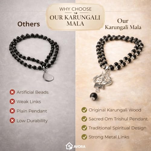 Image of AVORA Karungali Malai Original 54 Beads with Om Shiv Trishul Pendant | Ebony Karungali Mala for Meditation, Japa & Spiritual Protection | Divine Hindu Mala for Men & Women