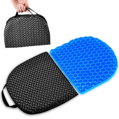 Foldable Gel Seat Cushion, 36 x 24.5cm Honeycomb Design Double Thick Gel Cushion with Cloth Cover, Light Portable gel Seat Cushion for Pressure Relief, Cool seat cushion for Travel, Car, Wheelchair