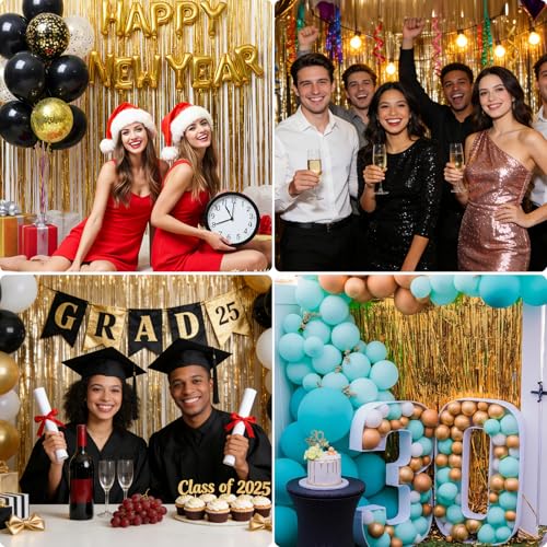 Image of 2 Pack 3.3x8.2 FT Gold Backdrop Birthday Decorations Foil Tinsel Curtain Gold Dooor Streamers Party Hanging Decorations Photo Booth Props for Birthday Graduation Bachelorette Christmas New Years Eve
