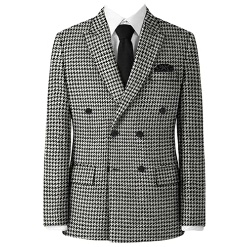 Men's Casual Houndstooth Blazer Double Breasted Peak Lapel Suit Jacket for Daily Business