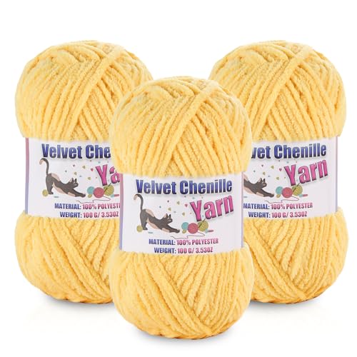 Image of 3 * 100g /3.5oz Fluffy Chenille Yarn for Crocheting, Chunky Velvet Yarn for Crochet Amigurumi, Used for Making Baby Yarns Blanket, Clothes, Pattern Knitting Creations (Yellow)