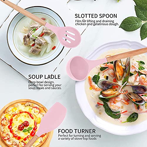 VBOK IGFE 12 Pcs Küchenutensilien Set Silikon,Antihaft Hitzebeständiger Kochgeschirr Küchenhelfer Set mit Holzgriff,Rosa