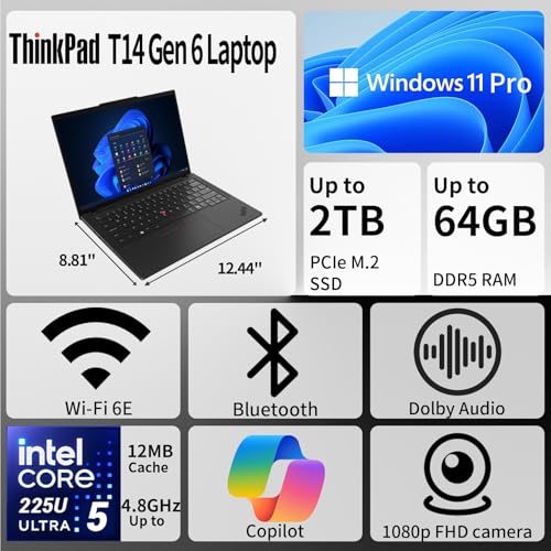 Image of Lenovo ThinkPad T14 Intel Core Ultra 5 225U Business AI Laptop, 32GB 512GB