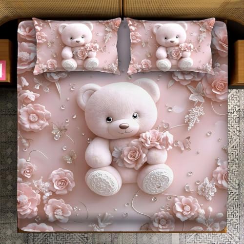 Image of 7D Flat Bedsheet 400TC Sheet Set, Kids Design bedsheet, Floral Design, Decorative Bedding with Daisy Pattern, Kids Room Decor, 90X100 Inch (Pink Teddy)