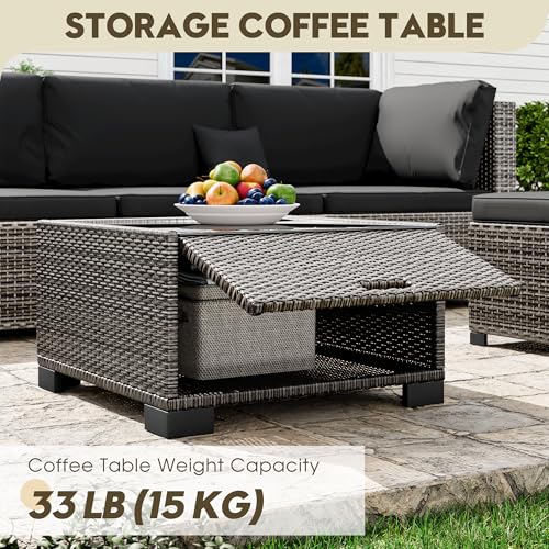 Image of LHBcraft 7 Piece Patio Outdoor Furniture Set, All-Weather Wicker Black Outdoor Sectional Patio Sofa, Rattan Outside Furniture with Cushion and Glass Coffee Table