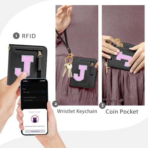 Image of COSHAYSOO Initial Wallet RFID Small Bifold Slim Letter Wallet for Women Teenager Girls Travel Daily Necessities Credit Cards Money Cash Coin Organizer, Black, Compact, J
