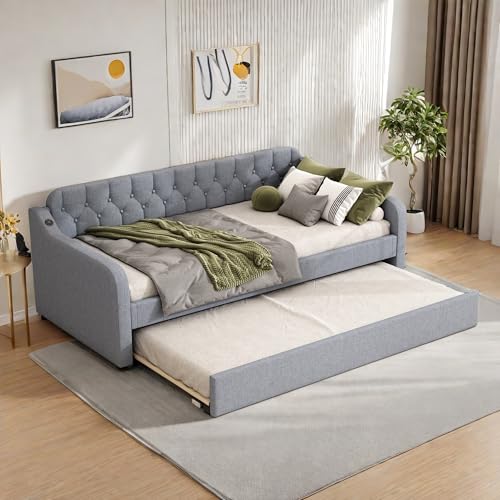 Sapgaks Canapé lit Convertible 90x200 cm avec Port USB,Cadre de canape lit 2 Places avec gigogne,clic-clac,méridienne gigogne,Gris(sans Matelas)