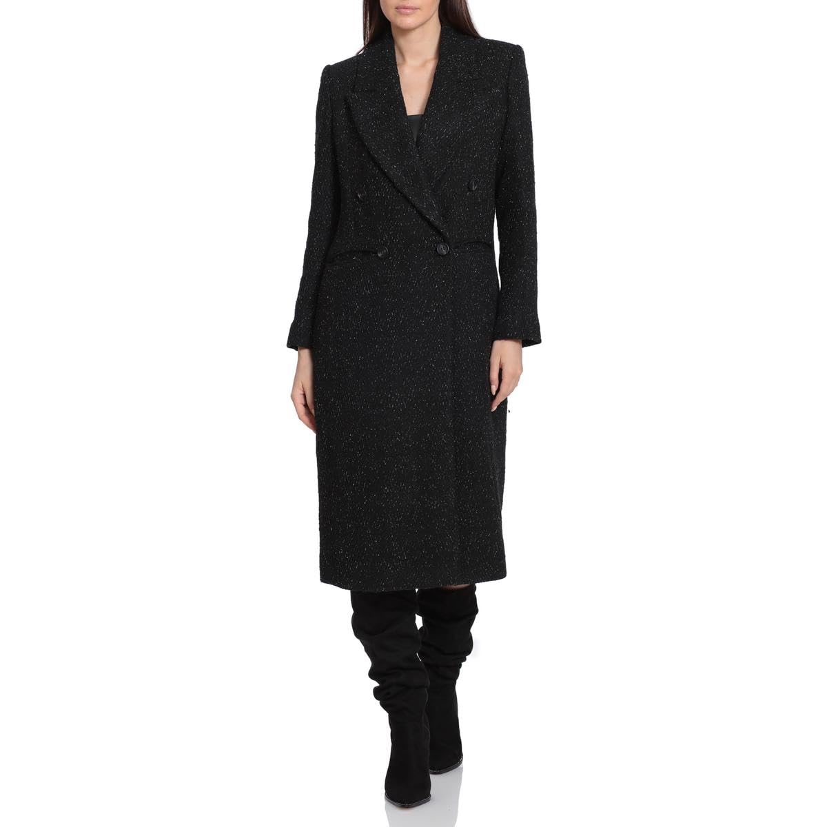 Avec Les FillesWomen's Double Breasted Metallic Thread Long Overcoat