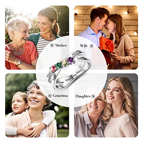 Love Jewelry Personalized Sterling Silver Mothers Rings with 4 Simulated Birthstones Engraved 4 Family Names Anniversary Rings Mothers Day Rings for Women3