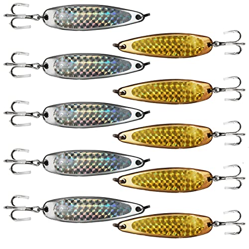 10pcs Fish WOW!® 1oz Fishing Spoon with a Treble Hook Fish Jigging Casting Lures - Silver Gold Tape