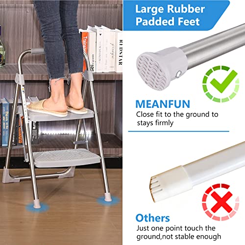 Meanfun 2 Step Ladder, 500Lbs Sturdy Stainless Steel Folding Step Stool For Adults With Wide Anti-Slip Pedal & Convenient Handgrip, Lightweight Small Step Ladder For Household Kitchen Office, Grey #TOP4