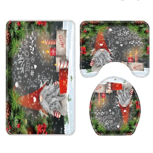 Christmas Gnome Shower Curtain Set，Santa Claus Big Gift Box Candle Happy New Year Shower Curtain for Bathroom, Merry Christmas Fabric Shower Curtain with Hooks 72 x 72 Inch (Q)