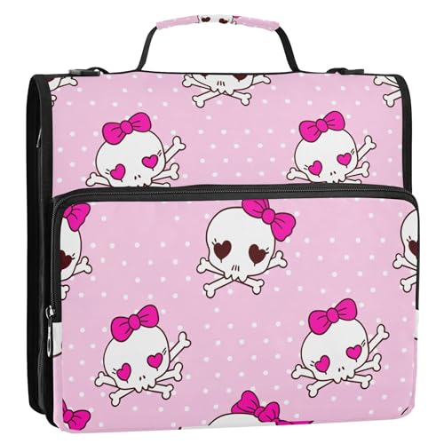 パーソナライズジッパーバインダーオーガナイザー 1.5インチ 3リングバインダー 高耐久 かわいいスカル ピンク ポートフォリオ 500枚収納 スクールバインダーバッグ ショルダーストラップ付き