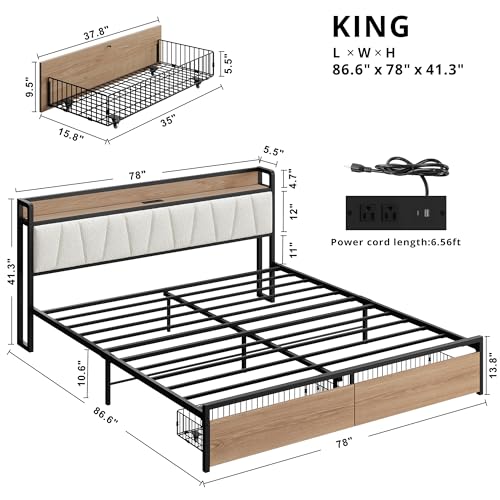Image of LIKIMIO King Size Bed Frame with 2 Drawers and Charging Station | Platform Bed with Upholstered Storage Headboard, No Box Spring Needed, Easy Assembly, Sturdy, Wood and Cream