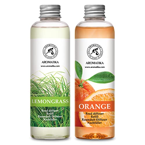 Recambio Difusor Lemongrass & Recarga Difusor de Naranja - 2x200ml - Aceite Esencial Puro - Recambios para Difusores de Aromas - Aromaterapia - Ambientador de Ambiente - Fragancia Fresca y Duradera