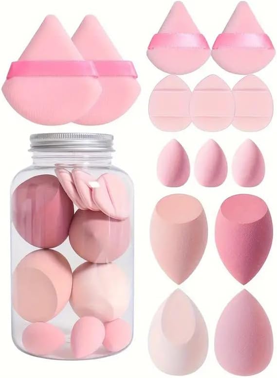 Juego de esponjas de maquillaje multiusos de 14 piezas, incluye 3 esponjas de polvo, 3 mini almohadillas de aire, 3 BeautyBlenders y 3 mini Beauty Blenders, rosa