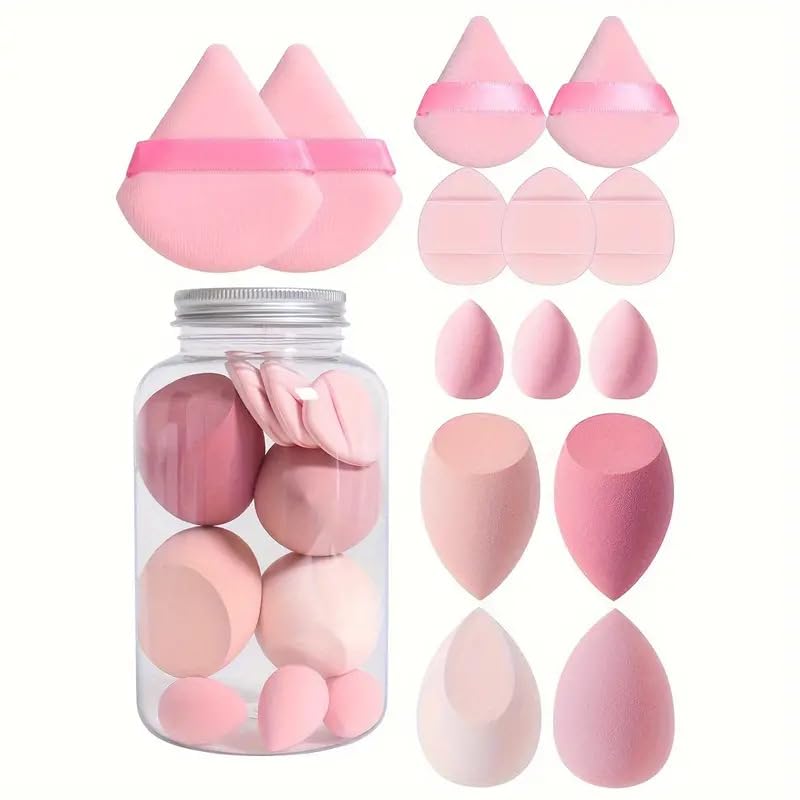 14-Piece All-Purpose Makeup Sponge Puff Set, includes3 Powder Puffs,3 Mini Air Cushion Puffs, 3 BeautyBlenders & 3 Mini Beauty Blenders, Pink