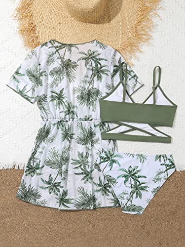COZYEASE Girls' 3 Piece Swimsuits Tropical Spaghetti Strap Criss Bikini Bathing Suit with Cover Up2