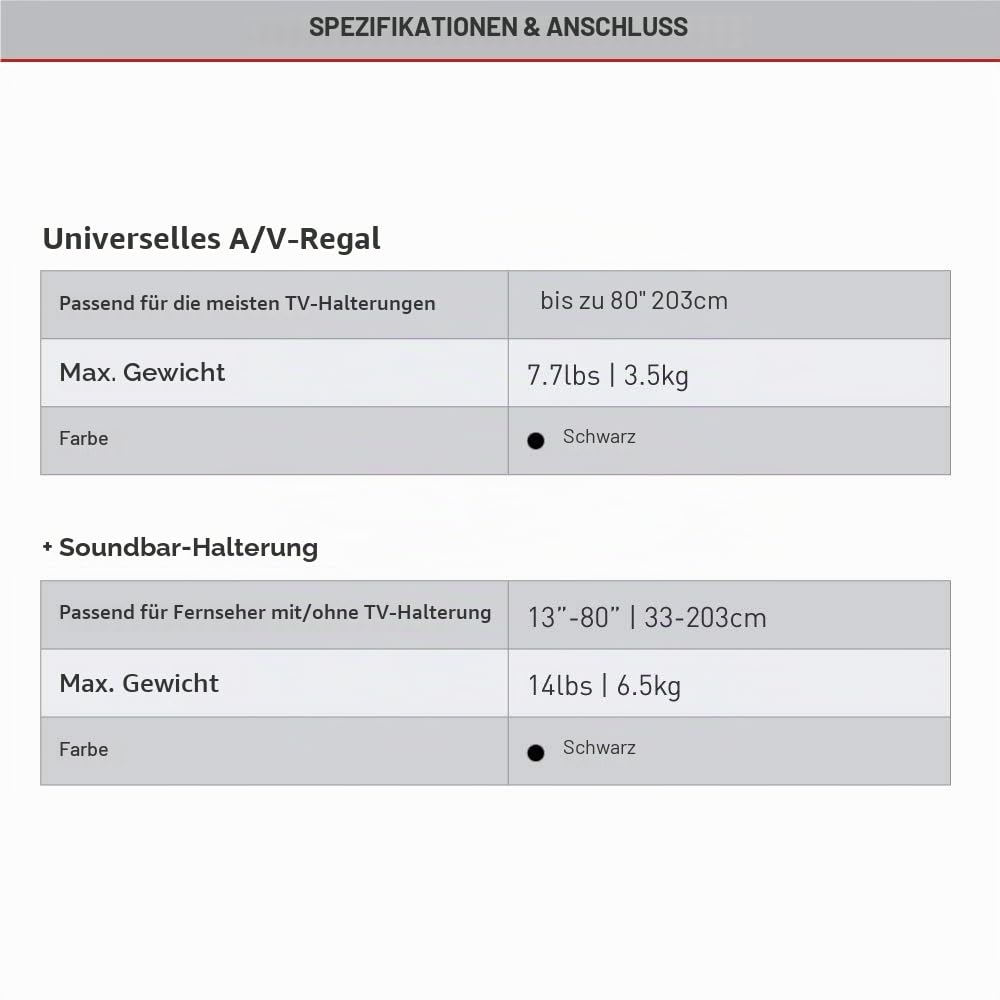 Barkan Mounts Universal Soundbar Halterung & Regal Multimedia, für die Montage über oder unter TV, für 13-80 Zoll TV, für die meisten Soundbars, hält bis 6.5Kg, Anti Rutsch Klemme, E850.B, Schwarz