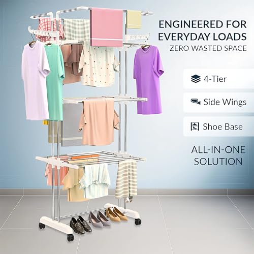 Image of H Houseware Foldable Clothes Drying Stand | 4-Tier Stainless Steel Heavy-Duty Laundry Rack with Wheels & Hanger Slots | Rust-Proof Clothes Dryer for Indoor & Outdoor Balcony Use(White)