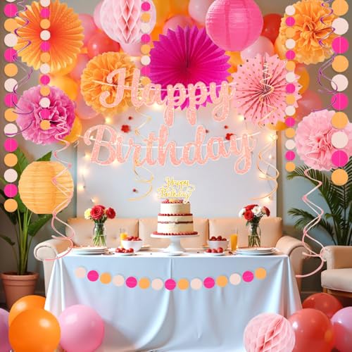 Image of Hot-Pink Orange Birthday Decoration for Women Girl, Fall Peach Burnt-Orange Gold Balloon Decor-Happy Banner, Streamers Lanterns Honeycomb, Tissue Flowers Pom Poms Fan, Boho Sunset Autumn Party Decor