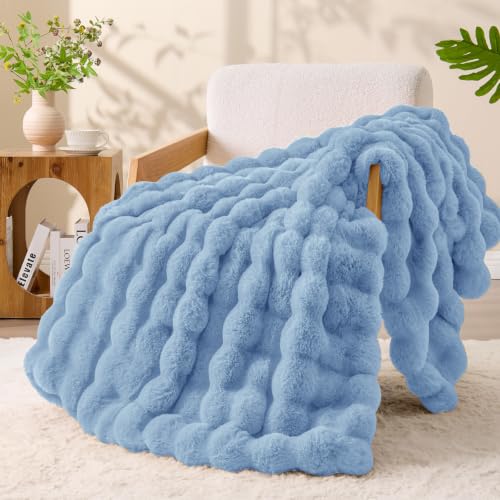 Image of BEDELITE Faux Fur Throw Bubble Blanket for Couch, 50 inch x 60 inch, Light Blue