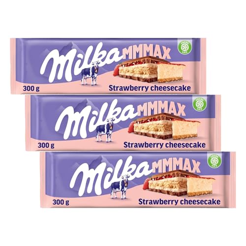 Milka MMMAX Tableta Grande de Chocolate con Leche de los Alpes con Relleno de Tarta de Queso con Galleta y Fresa 300g (Paquete de 3)