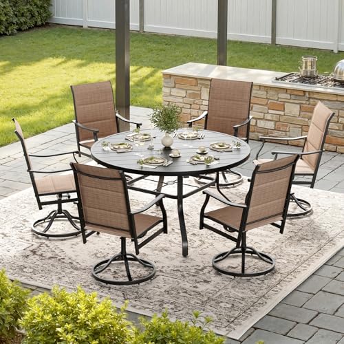 Image of Soohow Outdoor Dining Set for 6, 7-Piece Round Table Patio Dining Set, 6 x Swivel Patio Chairs and 1 x 47 Round Outdoor Dining Table, for Poolside, Backyard and Proch