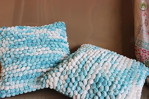 Image of Monstera Hut Boho POM POM Baby Blue Cushion Cover Pack of 1, (Cushion Cover 16x16inch) (40.6 x 40.6 cm)