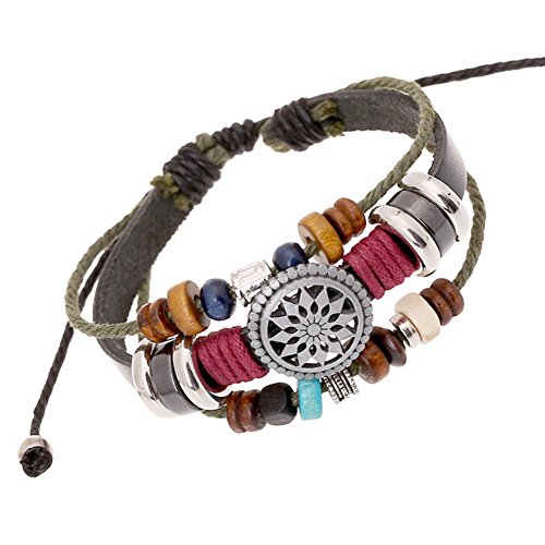 Crazy Spark Vintage Multi-Strand Cord Leather Wooden Cube Beads Adjustable Wrap Bracelet