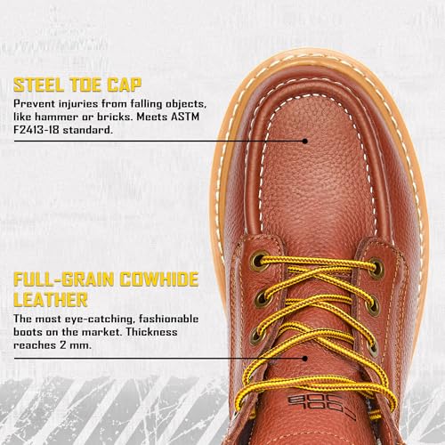 COOLJOB Goodyear Welt Steel Toe Shoes for Men, Full Grain Leather Safety Work Boots for Industrial Construction Workers, Comfortable Lining, Non-slip EVA Outsole, Soft Padded Collar, Tan, 6” Height3