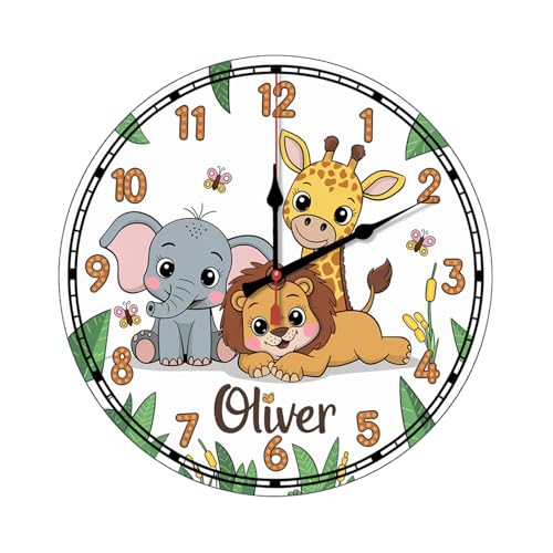 Personalized Safari Animals Wall Clock for Baby Room, Nursery Wall Clock for Bedroom Decor, Woodland Themed Clocks Wall Art for Nursery Room Decor,...