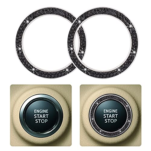 2 PCS Crystal Rhinestone Car Engine Start Stop Decoration Ring, Car Bling Ring Crystal Car Stickers Rings Womens Car Decals, Key Ignition Starter & Knob Ring (Black)