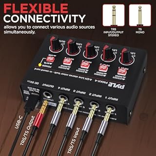 Pyle 4-Channel Bluetooth Mini Line Mixer with USB Audio Interface - 4 Mono/Stereo Switching Inputs | Ultra-low Noise Design with High Headroom | Built-in USB-C Sound Card - PMAX4