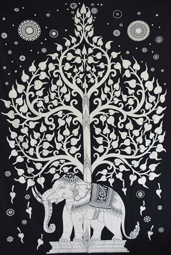 AVA Collections Grande tapisserie murale en coton à suspendre - Style bohème - Motif mandala et éléphant - 215,9 x 137,2 cm - Motif arbre de vie - Blanc