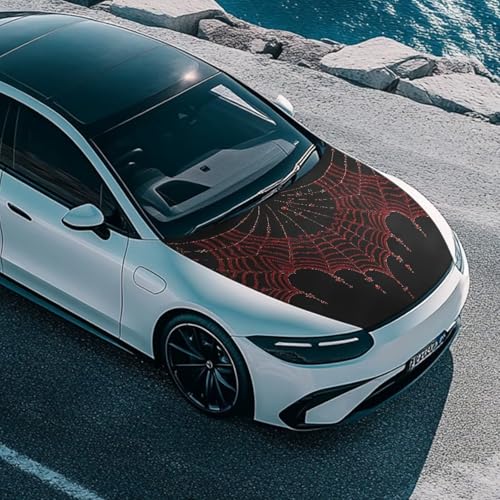 Image of Spiderweb Car Hood Cover, Gothic Red Spider Web Stretchable Washable Automotive Exterior Accessories, Retro Cross All-Season Protection Suitable for Most SUV Sedans