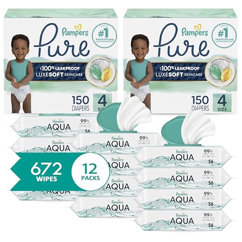 Image of Pampers Pure Protection Disposable Baby Diapers Size 4, 2 Month Supply (2 x 150 Count) with Aqua Pure Sensitive Baby Wipes, 12X Pop-Top Packs (672 Count)