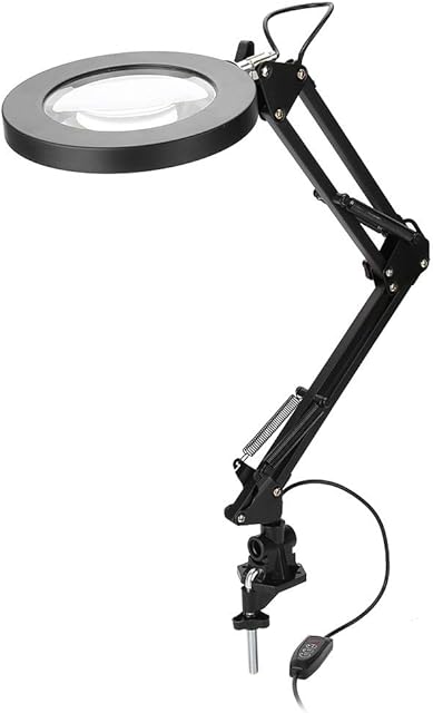 LED Magnifier Lamp, 5X Magnifying Glass Desk Lamp 8W USB Adjustable Swivel Arm Craft Lamp with 10 Adjustable Light Settings and Clamp Mount for Work Reading Hobbies Sewing Crafts Nail Salon