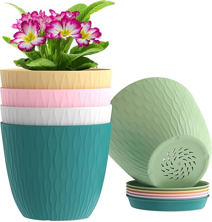 DNkitch Plastic 5 Pcs Flower Pots for Indoor Outdoor Plants – 7 Inch Decorative Planters with Drainage & Tray Lightweight, Durable, Recyclable Garden Pots for Home Balcony Decor (Multicolor)