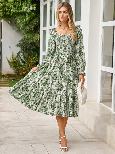Image of Simplee Womens Long Sleeve Maxi Dress Casual Square Neck Smocked Flowy Fall Wedding Guest Dresses