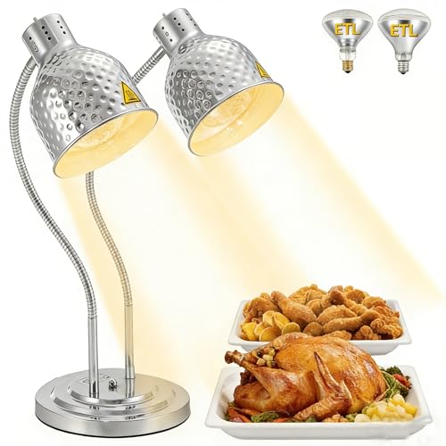 Dyna-Living Food Heat Lamp, 2-Head Adjustable Heat Lamp for Food Commercial Electric Food Warmer Lamp Catering Warming Lights for Buffet Parties Restaurant Kitchen, 500W Silver