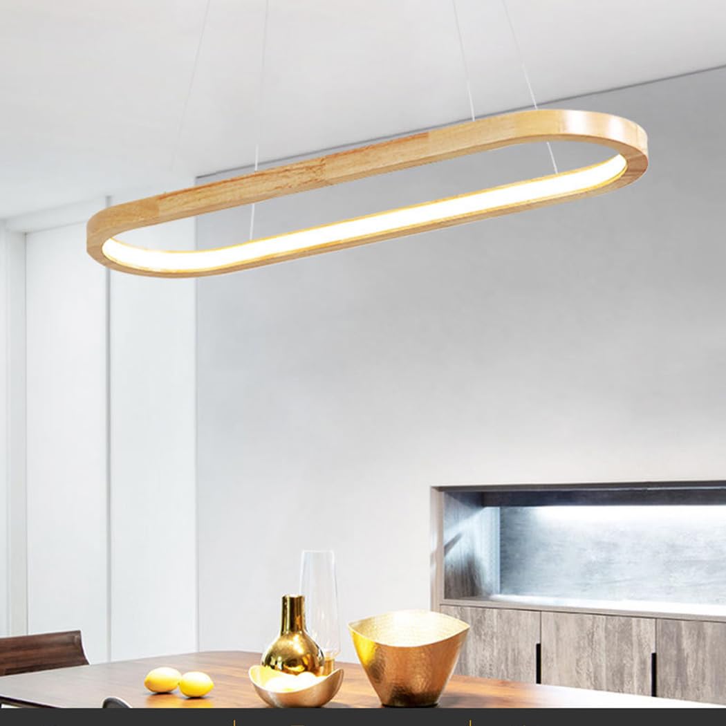Pendelleuchte Modern Oval Esstischlampen LED Büro Hängeleuchte Dimmbar Wohnzimmer Deckenleuchte Höhenverstellbar Schlafzimmer Deko Hängend Lampen für Küche Bar Esszimmer Deckenlampe (Holz, L90CM)