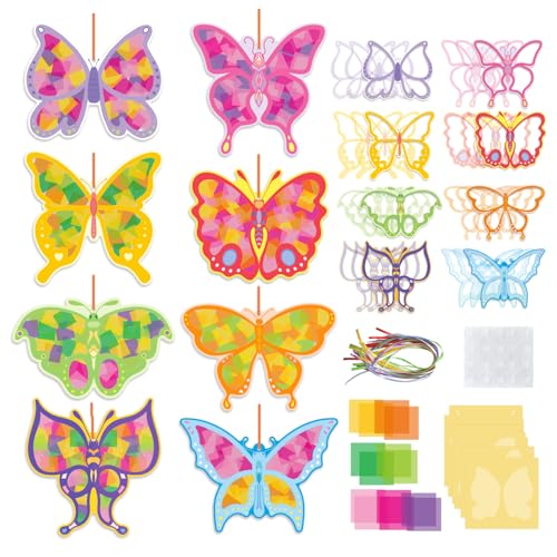 Toyhood Juego de 24 piezas de atrapasueños de mariposas, kit de papel de seda con efecto de vitral, decoración escolar, para el hogar, jardín, aula, fiesta, actividad creativa