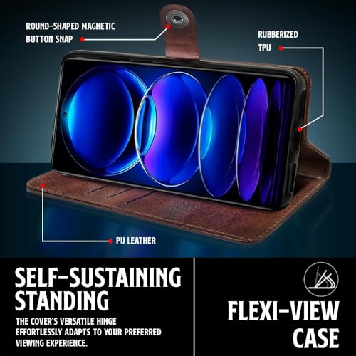 Image of WOW IMAGINE Shock Proof Flip Cover Back Case for Redmi Note 12 Pro 5G (Magnetic Button Flip Case | Wallet Pockets & Stand | Leather Finish | Coffee)