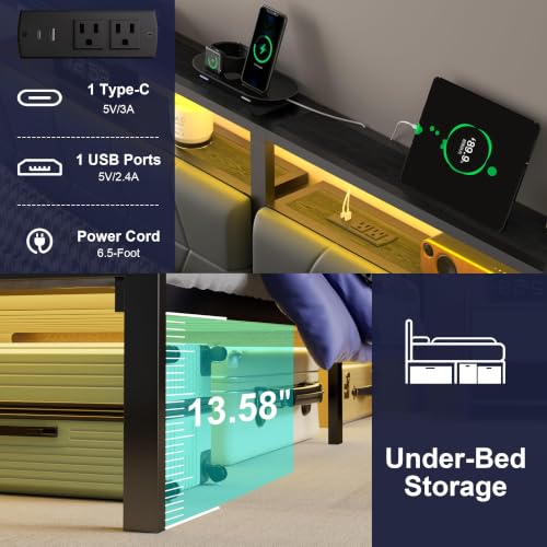 Image of J.Fkne Queen Bed Frame with LED Lights & Charging Station, Metal Platform Bed Frame with 2 Tier Storage Headboard, Under Bed Storage, No Box Spring Needed, Noise Free, Easy Assembly