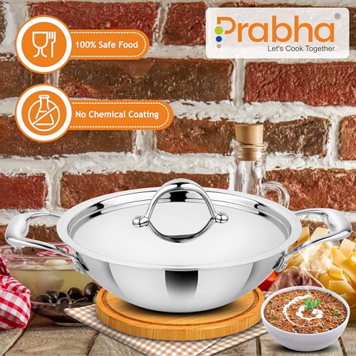 Image of Prabha Prima Kadhai Flat Bottom with Lid, Stainless Steel, Kitchen Kadhai, 28cm, 4.3L, Induction & Non Induction Base, 60 Months Warranty